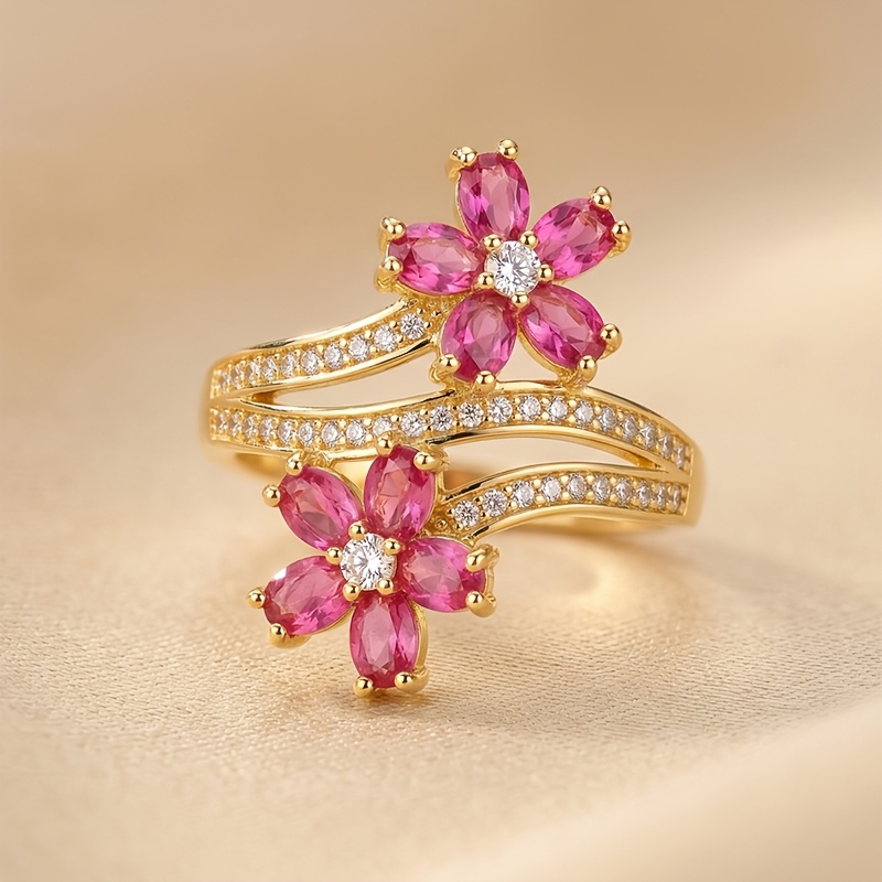 Women's Adjustable Red Zirconia Flower Open Ring